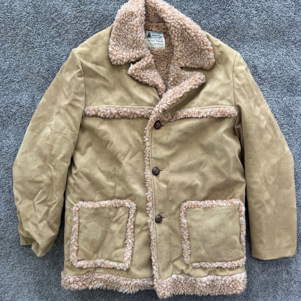 Vintage Fingerhut Fashions Mens Tan Faux Suede Shearling Rancher Jacket Size 40